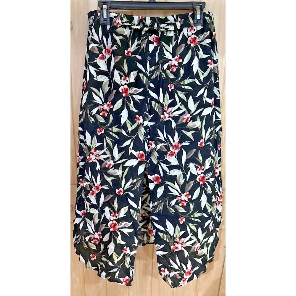NWT H.I.P. Womens XL Black Floral Wide Leg Cropped Pants Rayon Drawstring